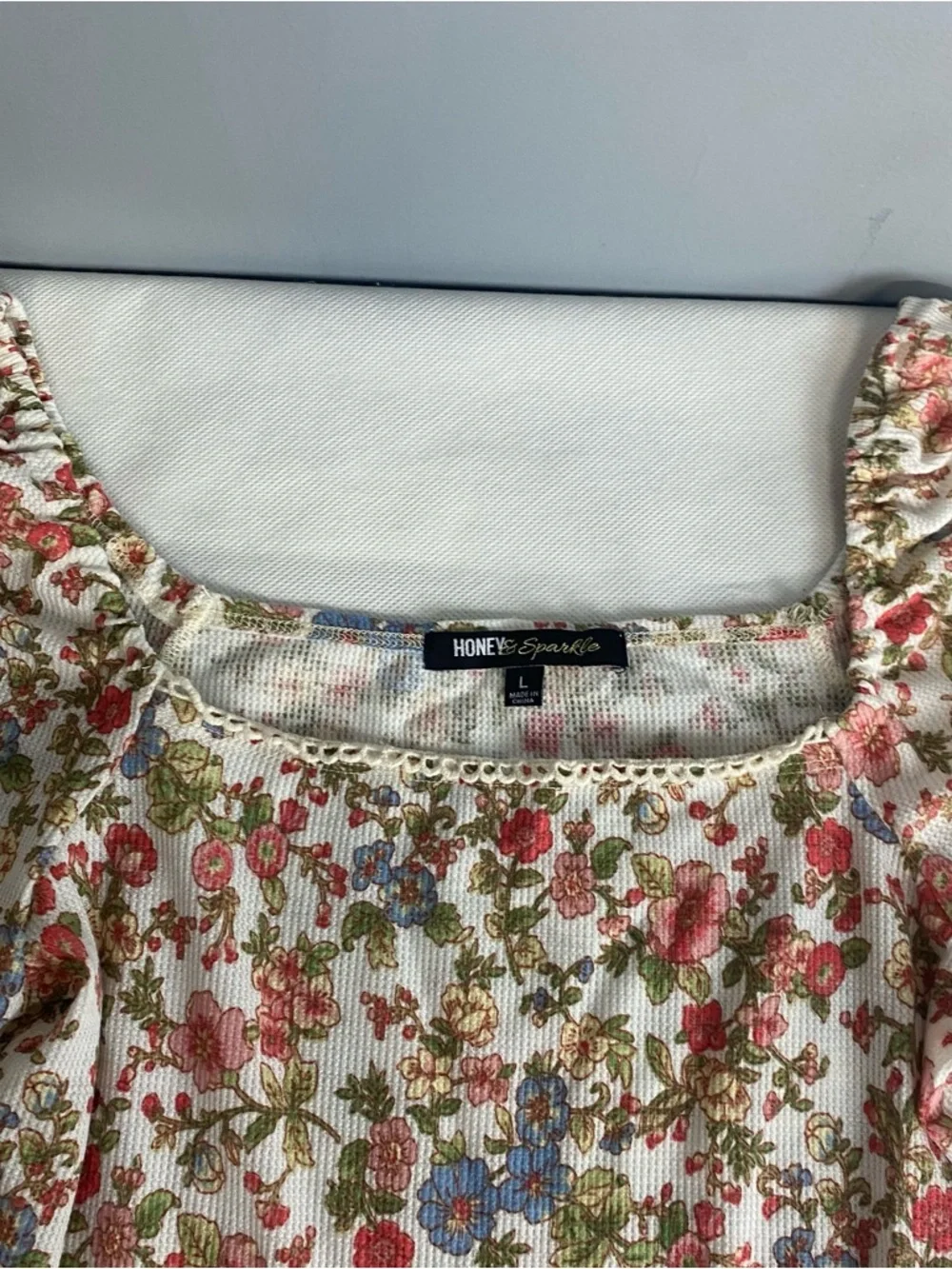 Honey & Sparkle Floral Crop Top Women Large Waffle Knit Cottagecore Feminine - Picture 7 of 14